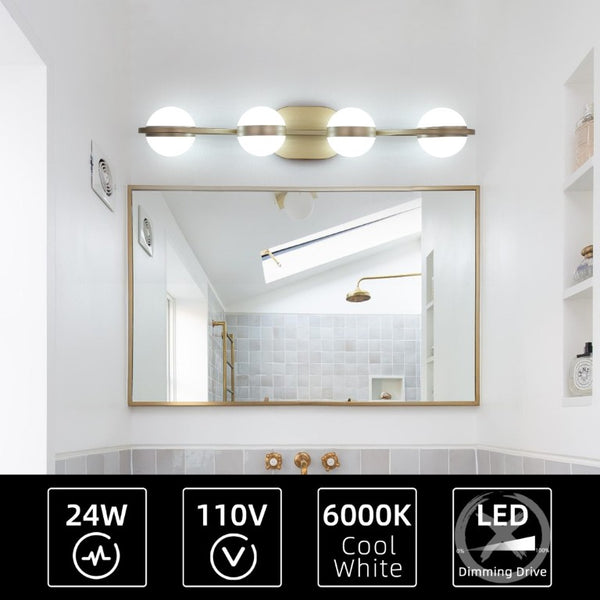 English Elm New Four Globe Vanity Light Champagne Gold Mid Century Modern LED Bathroom Wall Fixture W134067503