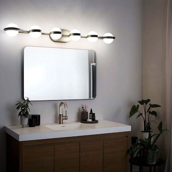 English Elm 43 Inch Champagne Gold Vanity Light Six Globe LED Acrylic Shades for Bathroom Mirror Brushed Gold W1340P143676