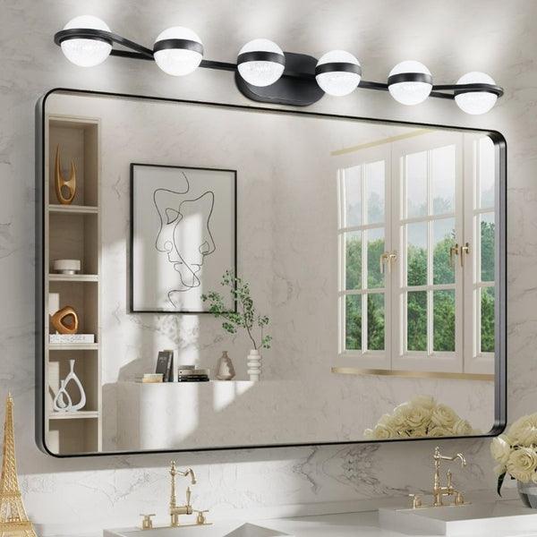 English Elm 43 Inch Champagne Gold Vanity Light Six Globe LED Acrylic Shades for Bathroom Mirror Black W1340P143680