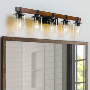 English Elm New Five Light Metal Wood Vanity Bar Fixture Farmhouse Industrial Bathroom Wall W1340P155972