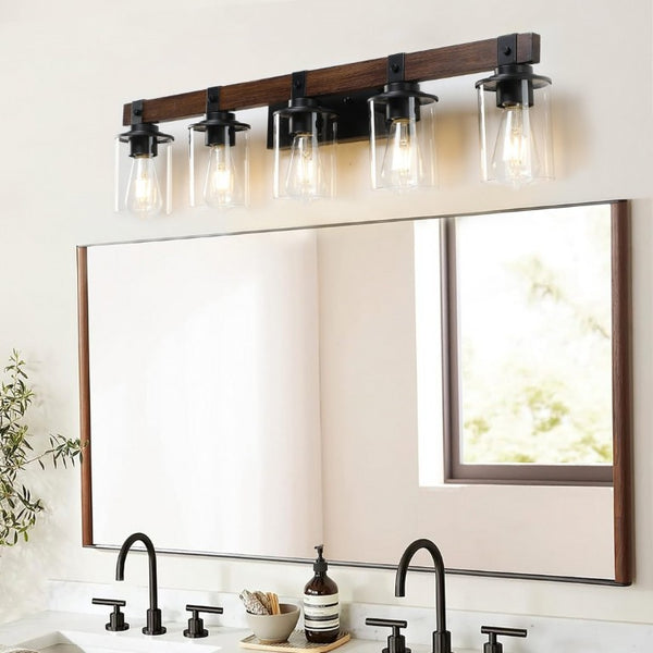 English Elm New Five Light Metal Wood Vanity Bar Fixture Farmhouse Industrial Bathroom Wall W1340P155972