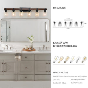 English Elm New Six Light Metal Wood Vanity Bar Fixture for Farmhouse Industrial Bathroom Walls W1340P155974