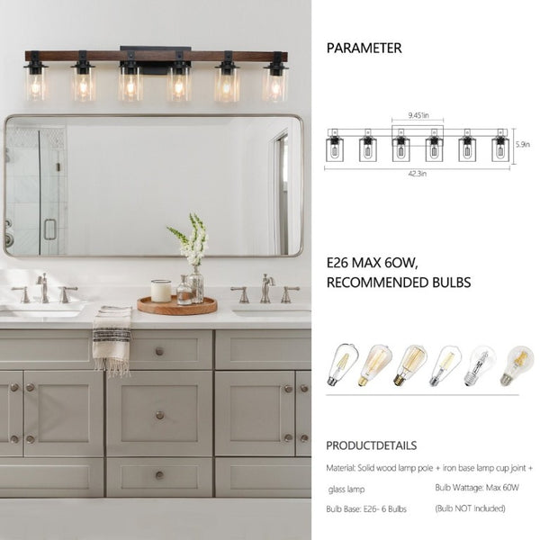 English Elm New Six Light Metal Wood Vanity Bar Fixture for Farmhouse Industrial Bathroom Walls W1340P155974