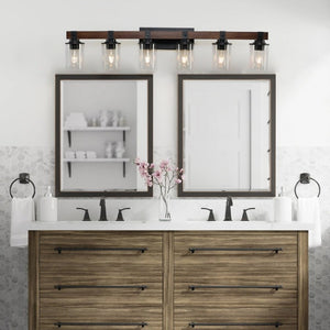 English Elm New Six Light Metal Wood Vanity Bar Fixture for Farmhouse Industrial Bathroom Walls W1340P155974