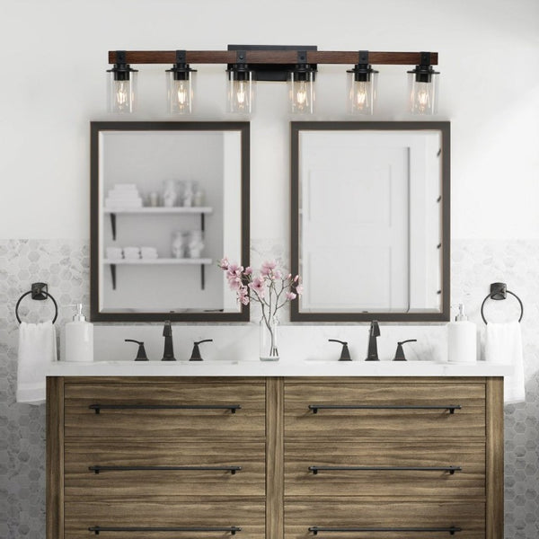 English Elm New Six Light Metal Wood Vanity Bar Fixture for Farmhouse Industrial Bathroom Walls W1340P155974