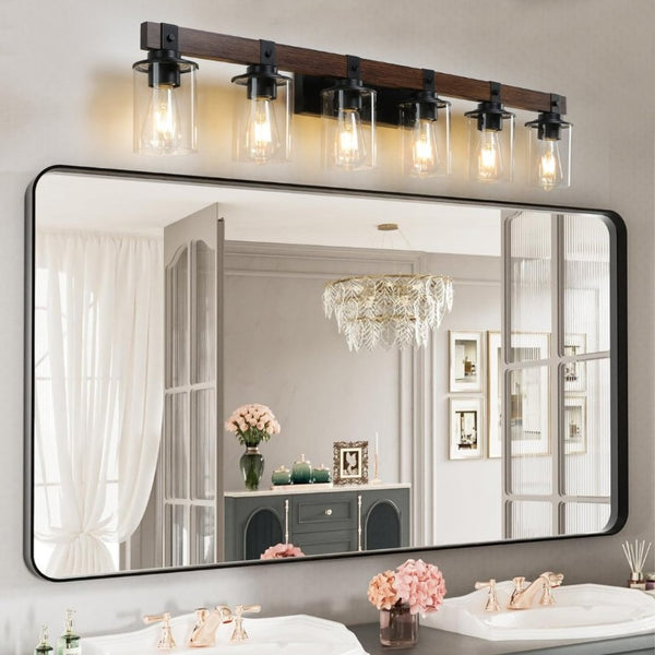 English Elm New Six Light Metal Wood Vanity Bar Fixture for Farmhouse Industrial Bathroom Walls W1340P155974