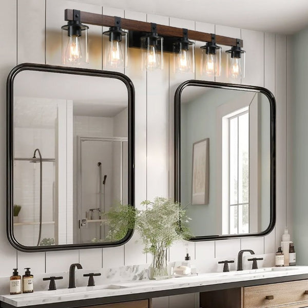 English Elm New Six Light Metal Wood Vanity Bar Fixture for Farmhouse Industrial Bathroom Walls W1340P155974