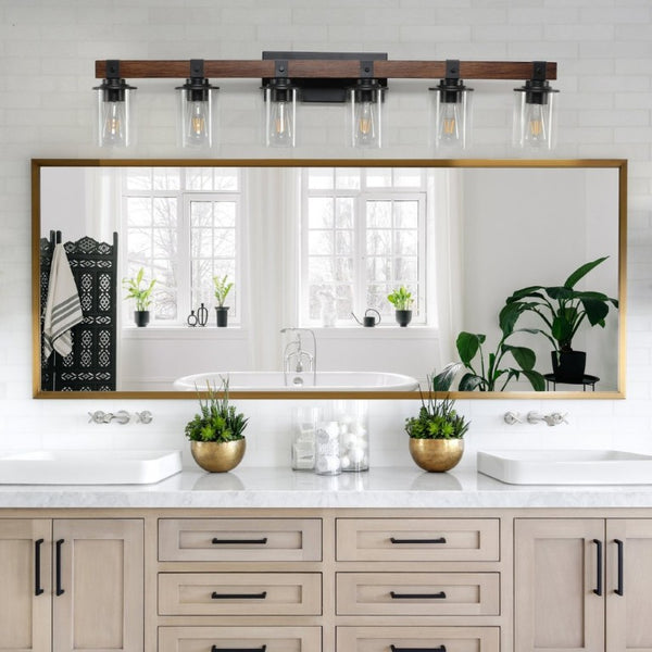 English Elm New Six Light Metal Wood Vanity Bar Fixture for Farmhouse Industrial Bathroom Walls W1340P155974