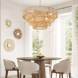 English Elm New Woven Rattan Chandelier with Four Iron Frames Farmhouse Dining Room Pendant Light W1340P155976