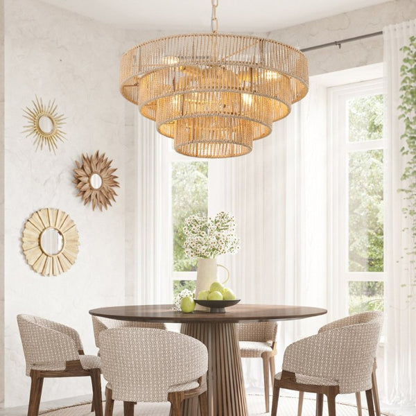 English Elm New Woven Rattan Chandelier with Four Iron Frames Farmhouse Dining Room Pendant Light W1340P155976