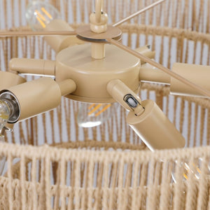 English Elm New Woven Rattan Chandelier with Four Iron Frames Farmhouse Dining Room Pendant Light W1340P155976