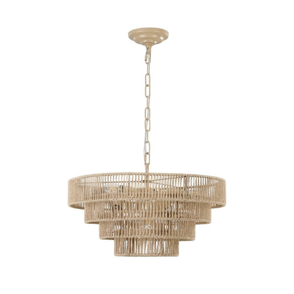 English Elm New Woven Rattan Chandelier with Four Iron Frames Farmhouse Dining Room Pendant Light W1340P155976
