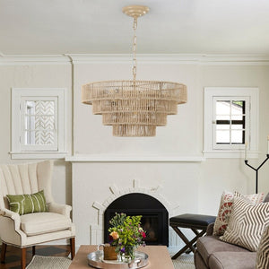 English Elm New Woven Rattan Chandelier with Four Iron Frames Farmhouse Dining Room Pendant Light W1340P155976