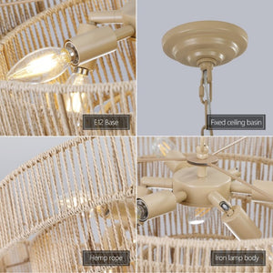 English Elm New Woven Rattan Chandelier with Four Iron Frames Farmhouse Dining Room Pendant Light W1340P155976