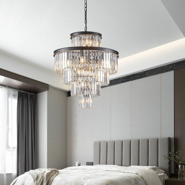 English Elm 24 Inch Black Iron K9 Crystal Chandelier Five Tier 15 Light Foyer and Dining Fixture W1340P188535