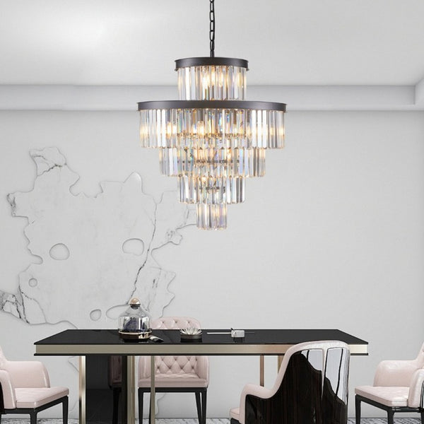 English Elm 24 Inch Black Iron K9 Crystal Chandelier Five Tier 15 Light Foyer and Dining Fixture W1340P188535