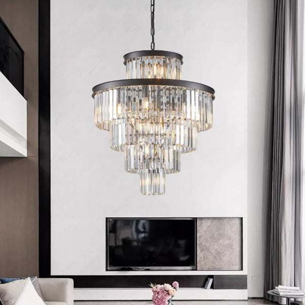 English Elm 24 Inch Black Iron K9 Crystal Chandelier Five Tier 15 Light Foyer and Dining Fixture W1340P188535