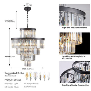 English Elm 24 Inch Black Iron K9 Crystal Chandelier Five Tier 15 Light Foyer and Dining Fixture W1340P188535
