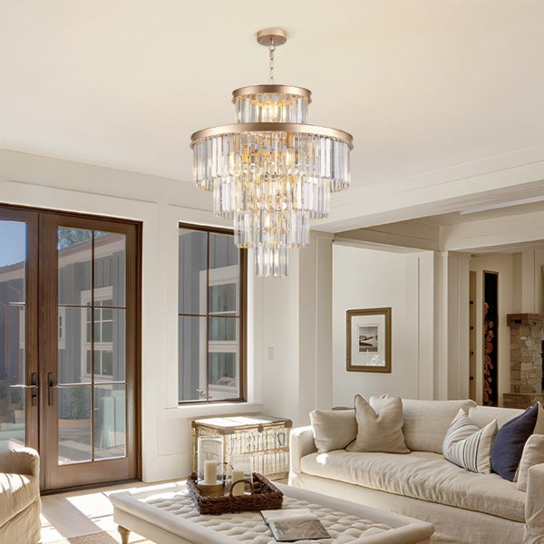 English Elm 24 Inch Gold Iron Chandelier with K9 Crystal Strands Five Tier 15 Light Entryway Fixture W1340P188536