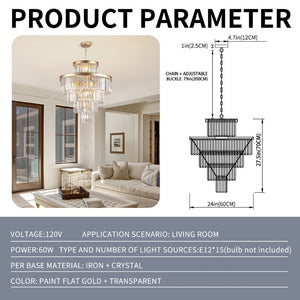 English Elm 24 Inch Gold Iron Chandelier with K9 Crystal Strands Five Tier 15 Light Entryway Fixture W1340P188536