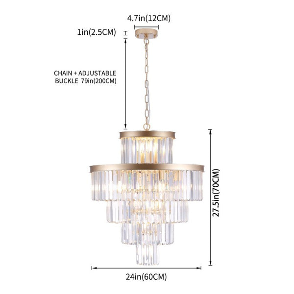English Elm 24 Inch Gold Iron Chandelier with K9 Crystal Strands Five Tier 15 Light Entryway Fixture W1340P188536