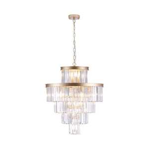 English Elm 24 Inch Gold Iron Chandelier with K9 Crystal Strands Five Tier 15 Light Entryway Fixture W1340P188536