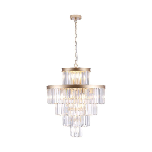 English Elm 24 Inch Gold Iron Chandelier with K9 Crystal Strands Five Tier 15 Light Entryway Fixture W1340P188536