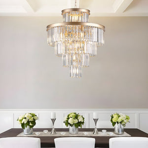 English Elm 24 Inch Gold Iron Chandelier with K9 Crystal Strands Five Tier 15 Light Entryway Fixture W1340P188536