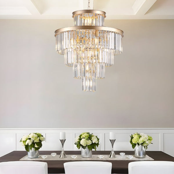 English Elm 24 Inch Gold Iron Chandelier with K9 Crystal Strands Five Tier 15 Light Entryway Fixture W1340P188536