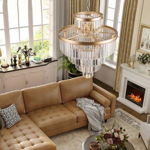 English Elm 24 Inch Gold Iron Chandelier with K9 Crystal Strands Five Tier 15 Light Entryway Fixture W1340P188536