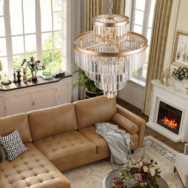English Elm 24 Inch Gold Iron Chandelier with K9 Crystal Strands Five Tier 15 Light Entryway Fixture W1340P188536