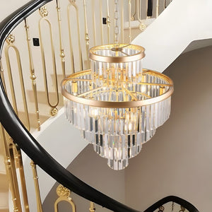 English Elm 24 Inch Gold Iron Chandelier with K9 Crystal Strands Five Tier 15 Light Entryway Fixture W1340P188536