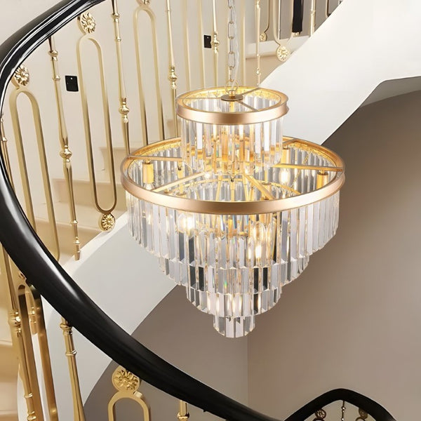 English Elm 24 Inch Gold Iron Chandelier with K9 Crystal Strands Five Tier 15 Light Entryway Fixture W1340P188536