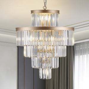 English Elm 24 Inch Gold Iron Chandelier with K9 Crystal Strands Five Tier 15 Light Entryway Fixture W1340P188536