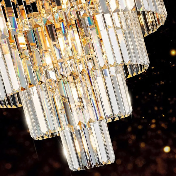 English Elm 24 Inch Gold Iron Chandelier with K9 Crystal Strands Five Tier 15 Light Entryway Fixture W1340P188536