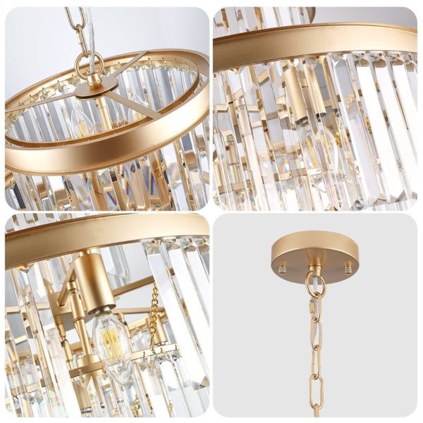 English Elm 24 Inch Gold Iron Chandelier with K9 Crystal Strands Five Tier 15 Light Entryway Fixture W1340P188536