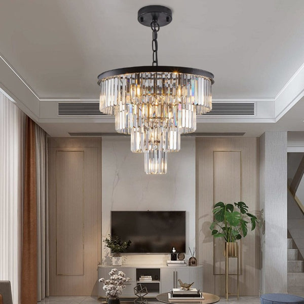 English Elm 24 Inch Four Tier K9 Crystal Chandelier Matte Black Iron Frame Glam Dining Room Pendant W1340P188542