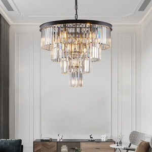 English Elm 24 Inch Four Tier K9 Crystal Chandelier Matte Black Iron Frame Glam Dining Room Pendant W1340P188542