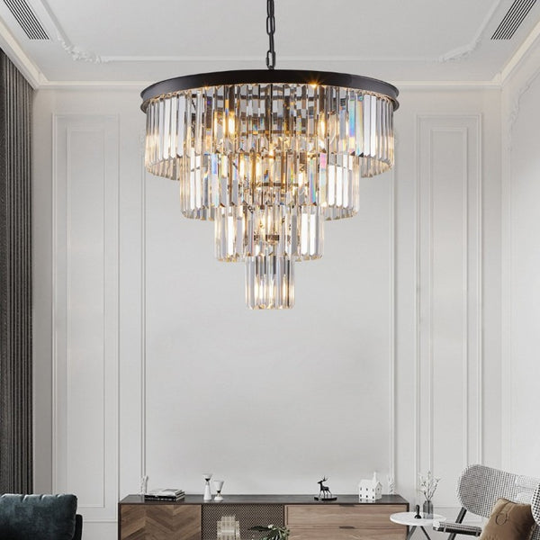 English Elm 24 Inch Four Tier K9 Crystal Chandelier Matte Black Iron Frame Glam Dining Room Pendant W1340P188542