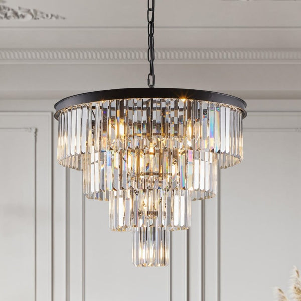 English Elm 24 Inch Four Tier K9 Crystal Chandelier Matte Black Iron Frame Glam Dining Room Pendant W1340P188542