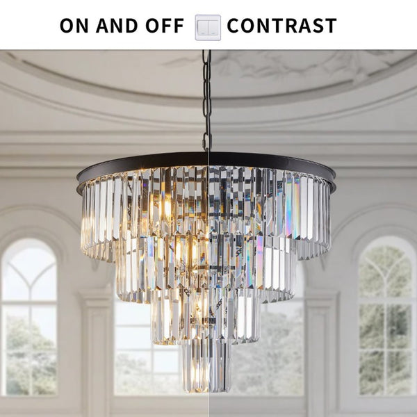 English Elm 24 Inch Four Tier K9 Crystal Chandelier Matte Black Iron Frame Glam Dining Room Pendant W1340P188542