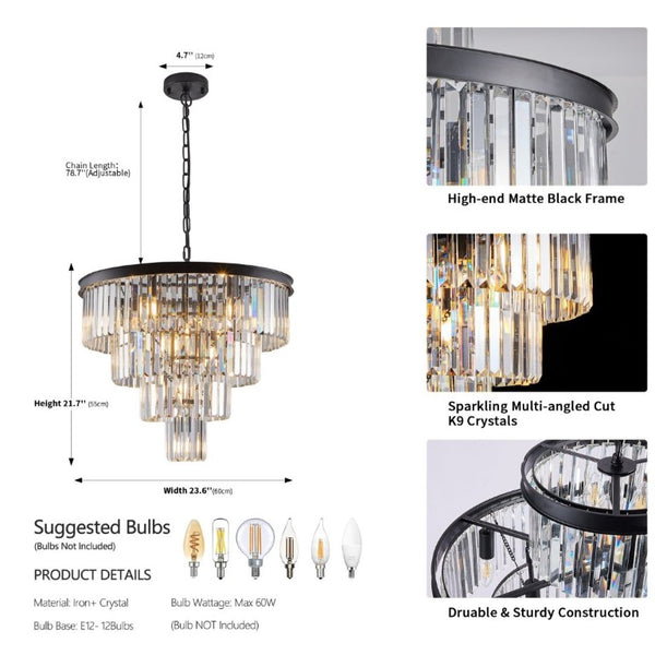 English Elm 24 Inch Four Tier K9 Crystal Chandelier Matte Black Iron Frame Glam Dining Room Pendant W1340P188542