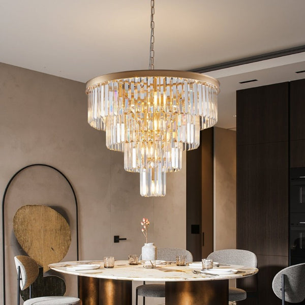 English Elm 24 Inch Four Tier K9 Crystal Chandelier French Gold Iron Frame for Dining Foyer W1340P188544