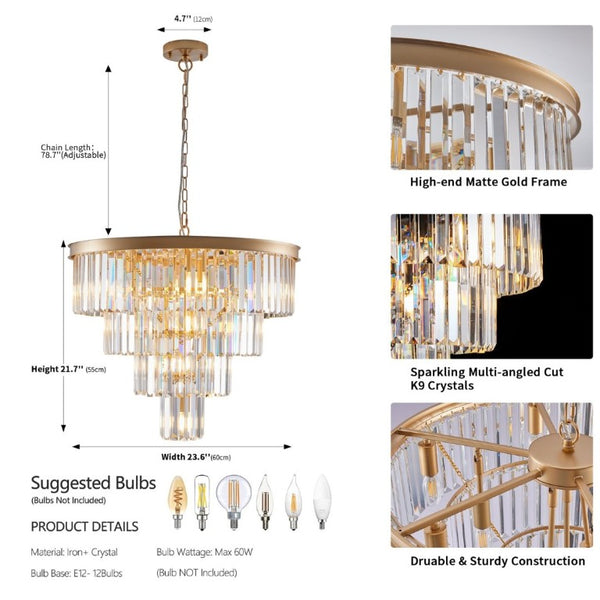 English Elm 24 Inch Four Tier K9 Crystal Chandelier French Gold Iron Frame for Dining Foyer W1340P188544