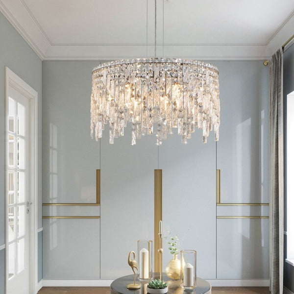 English Elm 24 Inch K9 Crystal Tiered Round Chandelier Chrome Iron Frame Foyer Dining Room W1340P189437