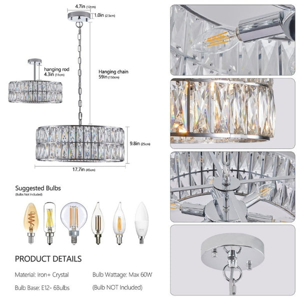 English Elm W1340p189507/L005018-D450-P6c)18 K9 Crystal Drum Chandelier 6-Light Iron Pendant for Dining Chrome W1340P189448