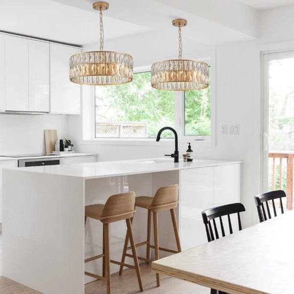 English Elm W1340p189507/L005018-D450-P6c)18 K9 Crystal Drum Chandelier 6-Light Iron Pendant for Dining Gold W1340P189450