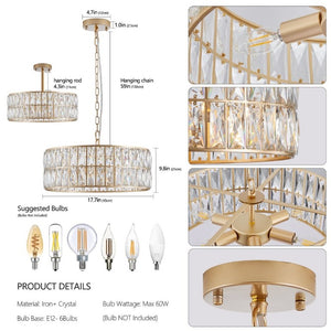 English Elm W1340p189507/L005018-D450-P6c)18 K9 Crystal Drum Chandelier 6-Light Iron Pendant for Dining Gold W1340P189450