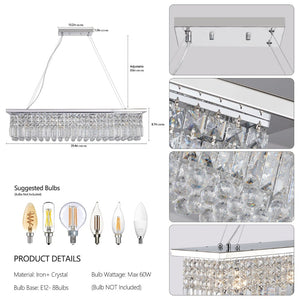 English Elm Modern Crystal Raindrop Chandelier 8 Light White Iron Rectangular Pendant for Dining W1340P189511