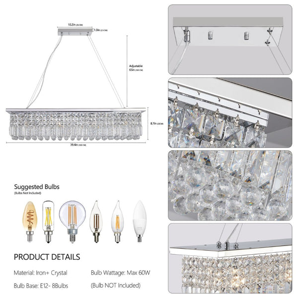 English Elm Modern Crystal Raindrop Chandelier 8 Light White Iron Rectangular Pendant for Dining W1340P189511